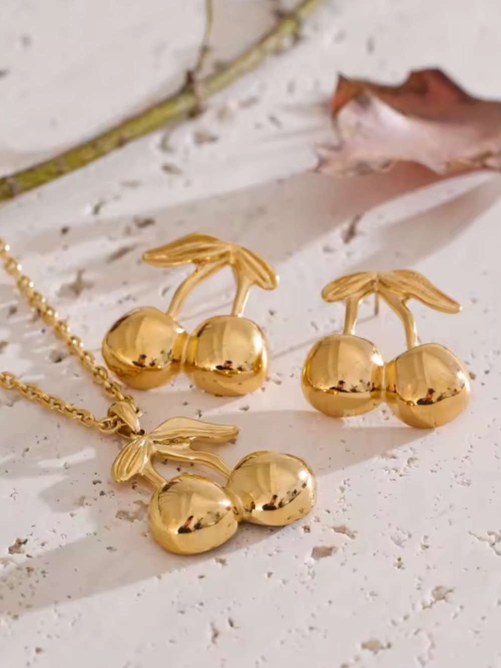 Gold Cherry Pendant Necklace&Earrings Set - Picture 11 of 14